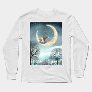 Scandinavian gnome and moon winter watercolor fantasy illustration. Swedish cute gnome in snow night forest. Long Sleeve T-Shirt